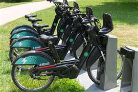 Electric bikes parked at a sharing station in Toronto, Canada. 